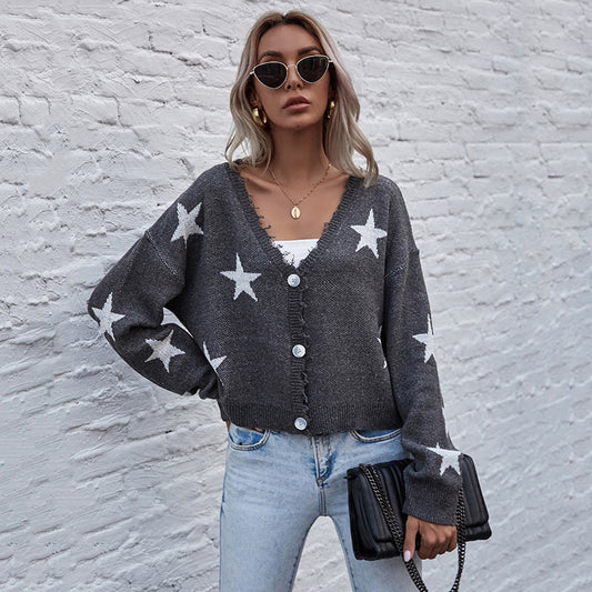 LOVECCR 2025 women's clothing Hot autumn and winter cardigan long-sleeved five-pointed star jacquard knitted short sweater jacket