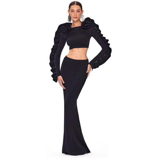 LOVECCR popular new black fungus edge long-sleeved two-piece set, casual style exposed navel set, autumn and winter wear and a complete set of women's clothing