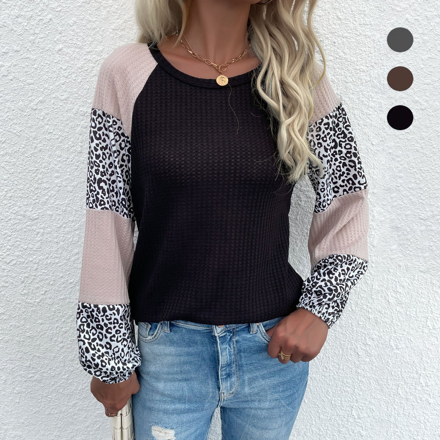 LOVECCR popular popular autumn New women's waffle crew neck top splicing leopard print bottoming knitted sweater