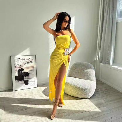 LOVECCR popular  summer new fashionable yellow three-dimensional embroidered dress long tube top dress 2025 women's clothing