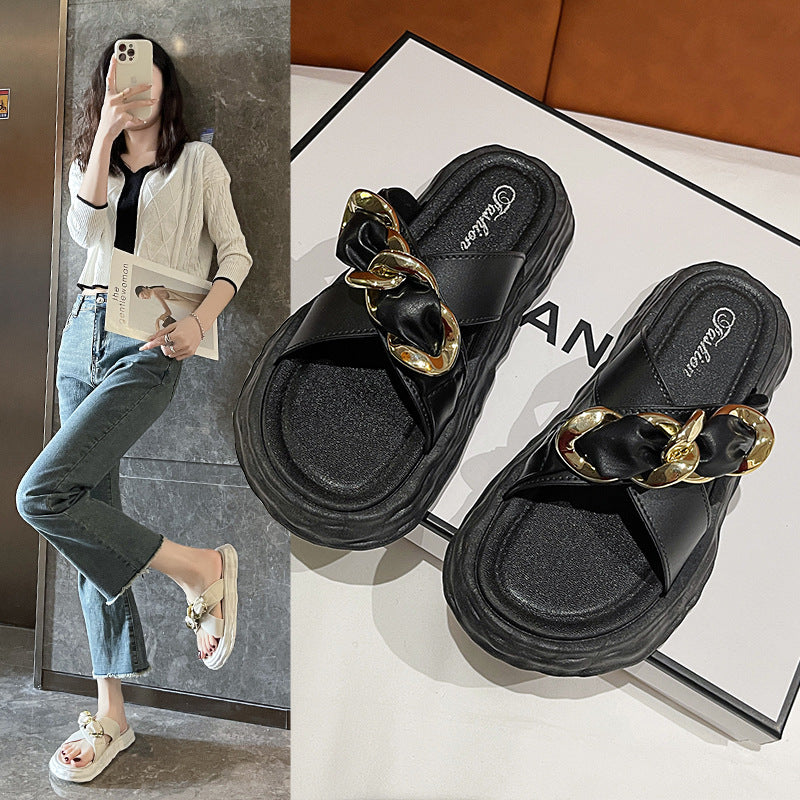 Cross-Border Online Influencer Fashion Outdoor Slippers PVC Women's Spring and Summer Flat Non-Slip All-Matching Temperament Platform Slippers Wholesale