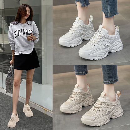 loveccr Spring New Breathable Casual Platform Elevator Wild Women's Mesh Surface Shoes Sneaker Retro Daddy Shoes Women