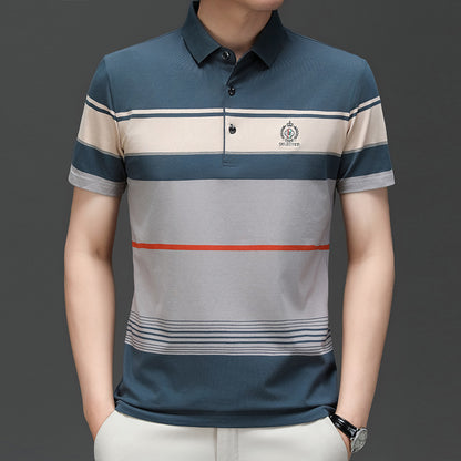 Men's Clothing  Summer New Pure Cotton Short Sleeve Men's T-shirt Striped Casual Polo Collar Men's Polo Shirt