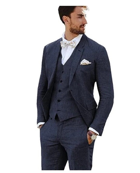 LOVECCR   Men's Linen Slim Fit Suit Wedding Western Slim Fit 3 Piece Set Groom Swallowtail Best Men's Prom Suit