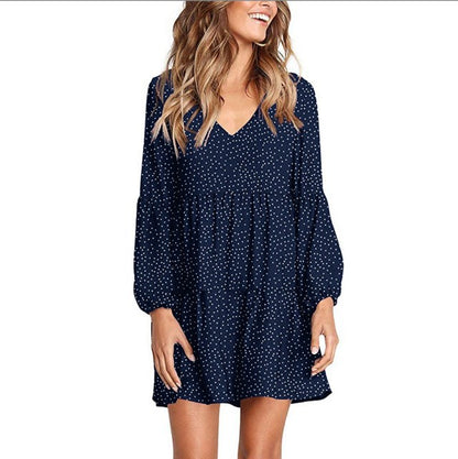 LOVECCR Cross-Border European and American Foreign Trade New Women's Fashion V-neck Long Sleeve Polka Dot Ruffled Loose Casual Temperament Dress