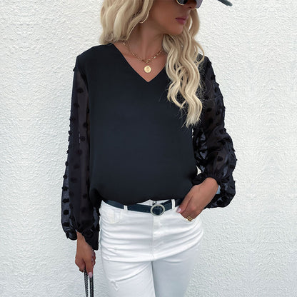 LOVECCR New 2023 Spring New Pullover V-Neck Perspective Long Sleeve Lace Chiffon Shirt Women's Wholesale