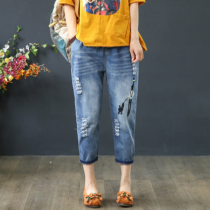 Women's Jeans Spring and Autumn Ripped Artistic Embroidered Women's Cropped Pants Elastic High Waist Oversized Jeans Women's Loose