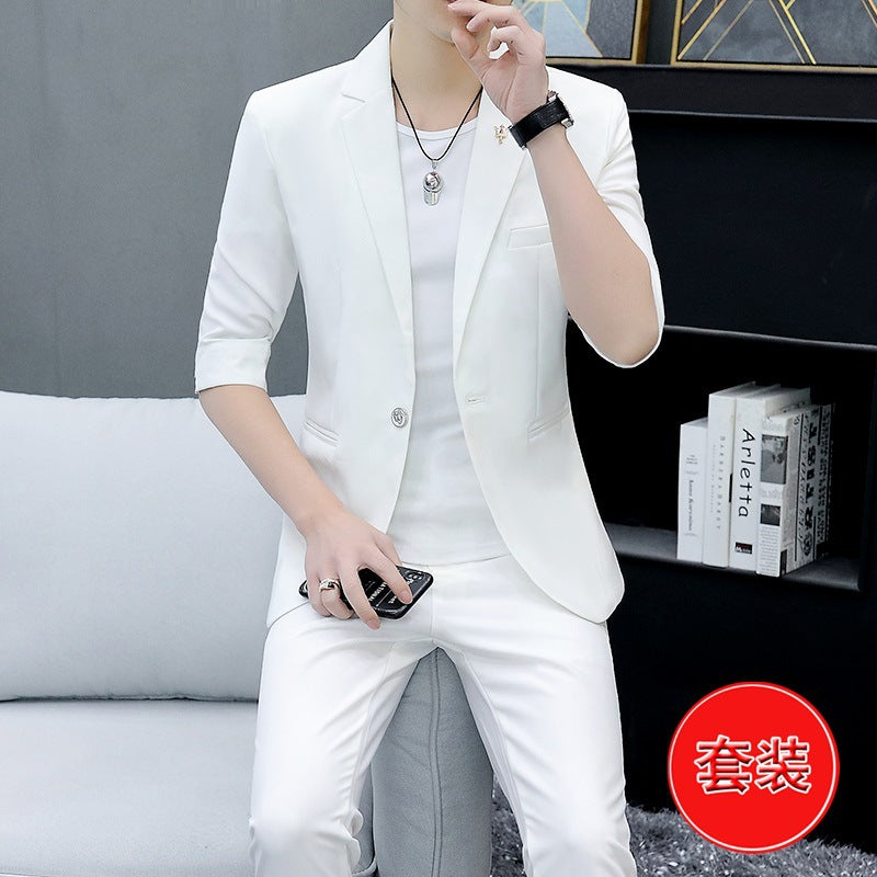 LOVECCR   Suit Men's One Suit Matching Summer Korean Style Trendy Fashion Dress 3/4 Sleeve Non-Ironing Casual Small Suit