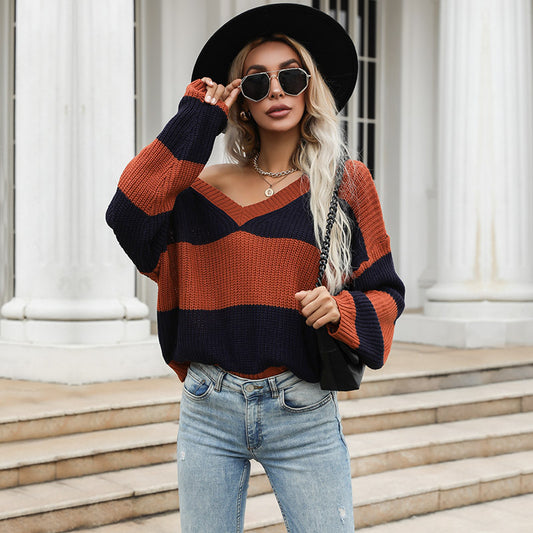 LOVECCR  Popular trade popular autumn new products 2025 trend knitting color matching new v-neck long-sleeved pullover sweater women