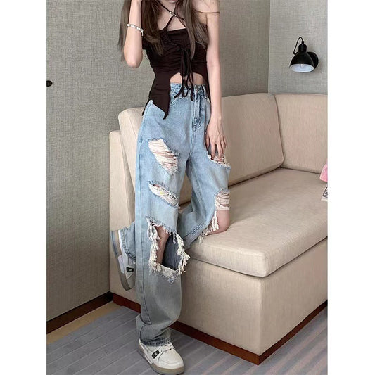 WS Fashion Big Ripped Straight Jeans Women's Summer New Slimming High Waist Exposed Knee Street Beggar Wide Leg Long