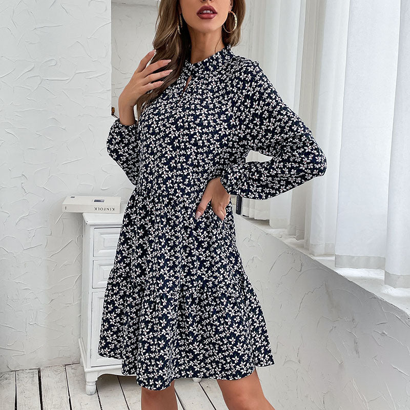 LOVECCR  Hot autumn new women's clothing round neck buttons retro floral long-sleeved dress wholesale