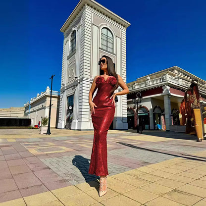 LOVECCR 2023 new red sequined suspender dress high-end 2025 women's clothing fashion long Christmas slim base