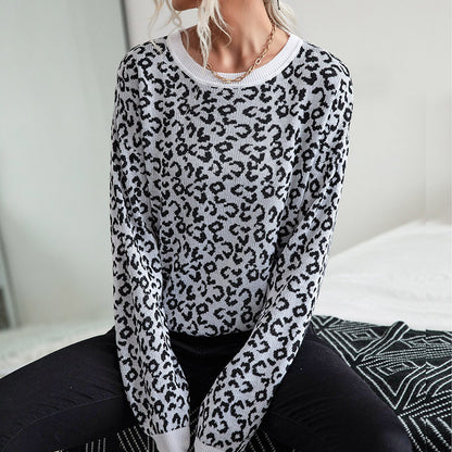 LOVECCR 2025 New 2023 autumn and winter new office women's clothing crew neck knitted pullover leopard print bottoming sweater