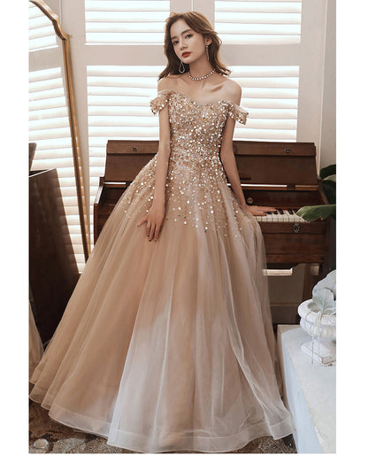 LOVECCR  New Banquet Evening Dress Women's Heavy Industry Long off-Shoulder Elegant Socialite Annual Meeting Host Dress