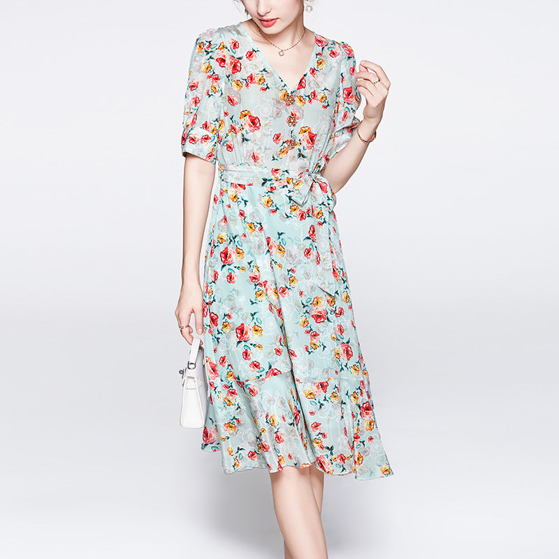 Floral Skirt  Style  New Summer Fashion V-neck Small Tight Waist High-Grade Mulberry Silk Silk Dress