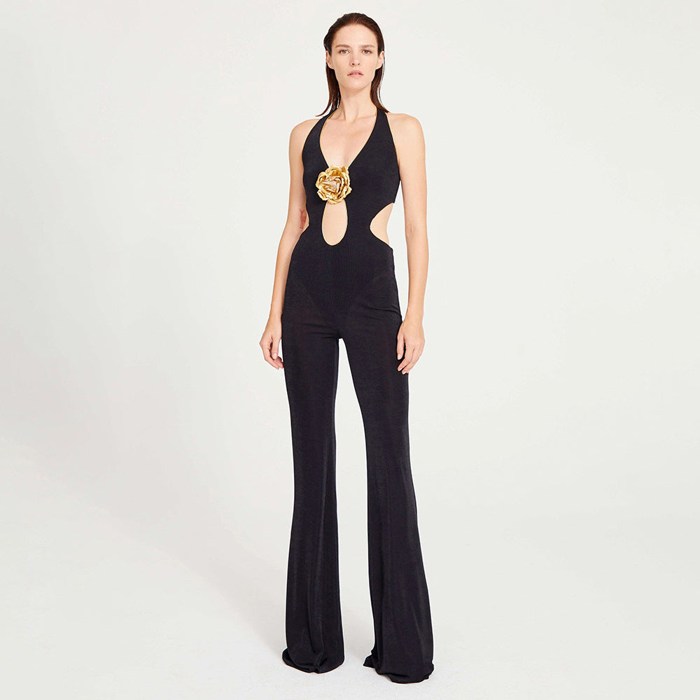 LOVECCR popular autumn and winter new neck-hanging sexy trousers 2025 New women's jumpsuit golden flower sleeveless backless