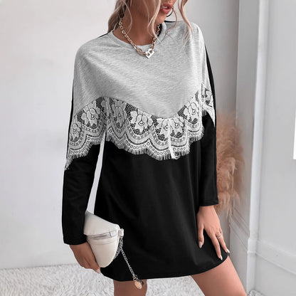 LOVECCR New  2023 Autumn New Crew Neck Pullover Lace Splicing Contrasting Color Medium and Long Sweater Women