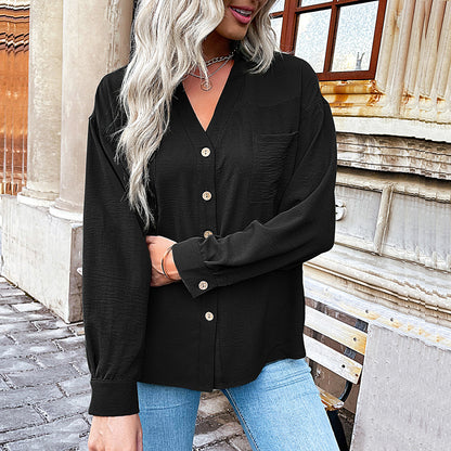 LOVECCR   Hot autumn new foreign trade 2025 cardigan shirt lapel pocket casual commuter shirt women