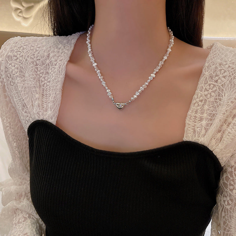 LOVECCR Light Luxury Minority All-Matching Graceful Pearl Necklace Super Fairy Sweet Fresh Loving Heart Zircon Titanium Steel Clavicle Chain Neck Chain