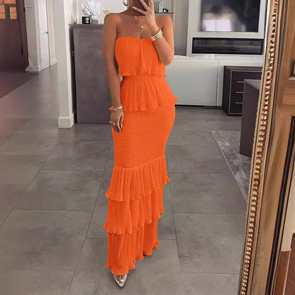 LOVECCR European and American  New High-End Temperament Solid Color Sexy Slim Women's Tube Top Smocking Pleated Ruffled Long Dress