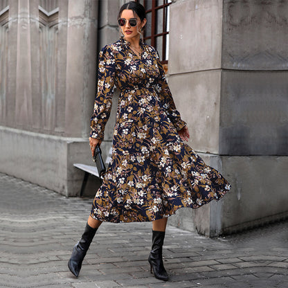 LOVECCR 2025  Hot autumn floral temperament commuter dress retro printed women's dress V-neck fashion dress