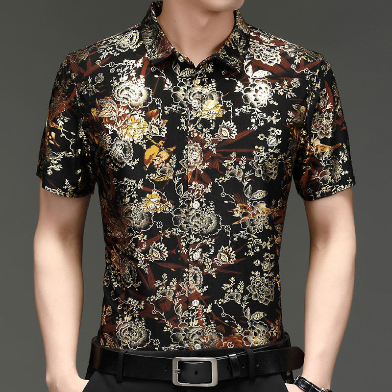 Middle-Aged Men's Summer Short Sleeve Printed Shirt Loose Non-Ironing Casual Half Sleeve Ice Silk Shirt Bronzing Thin Top Fashion