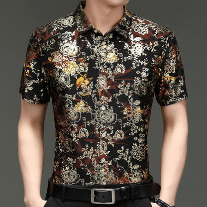 Middle-Aged Men's Summer Short Sleeve Printed Shirt Loose Non-Ironing Casual Half Sleeve Ice Silk Shirt Bronzing Thin Top Fashion