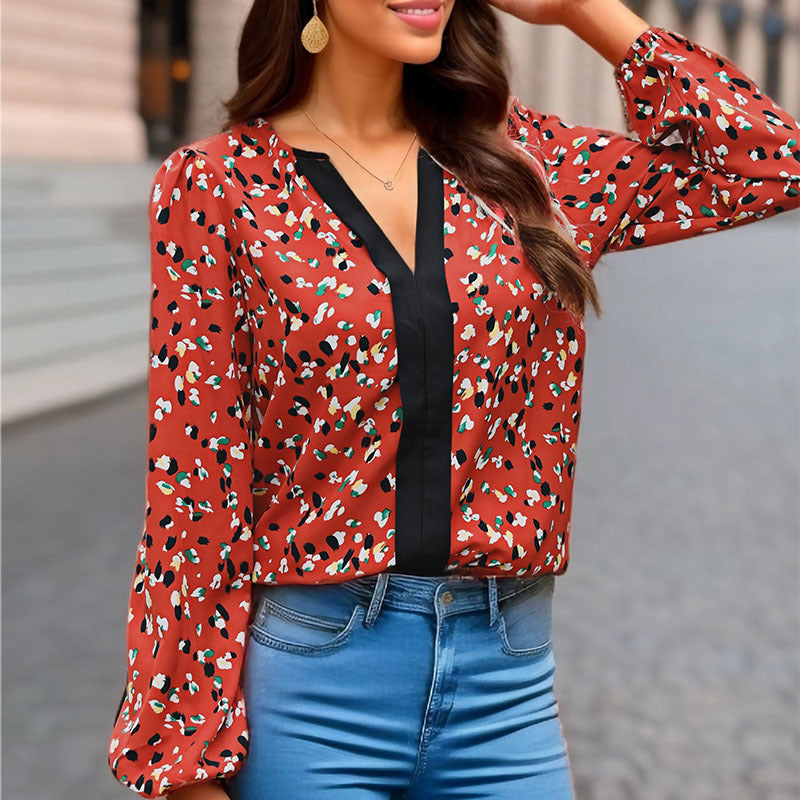 LOVECCR 2025 New Popular trade women's clothing spring and autumn comfortable casual long-sleeved top V-neck contrasting splicing blouse