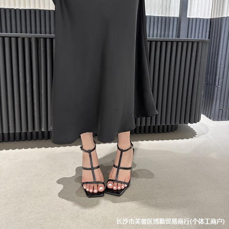 loveccr  South Korea Roman Shoes  Summer New Square Toe Open Toe Stiletto Heel Sexy Fashion Women's Sandals Thin Cross Straps