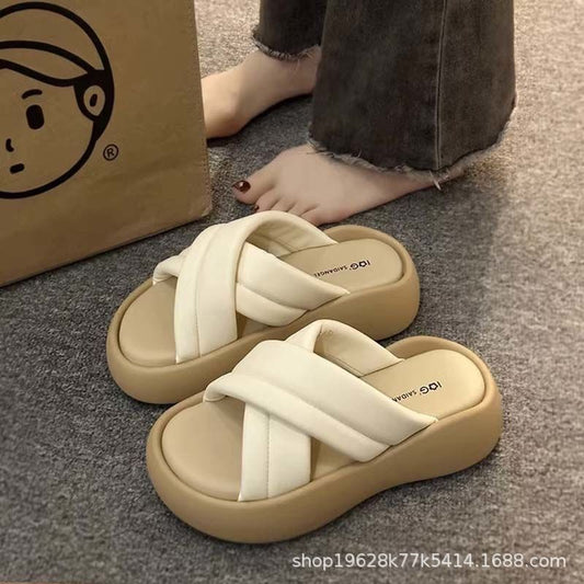 Women's Slip-on Slippers Summer  New Internet Hot Thick Bottom Height Increasing Small Cross Sandals