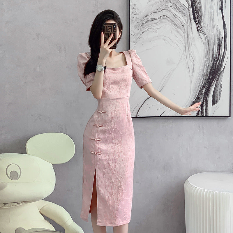 LOVECCR  Improved Cheongsam Dress Women  Summer New Retro Gentle and Stylish Girl Goddess Temperament Slit Midi Skirt