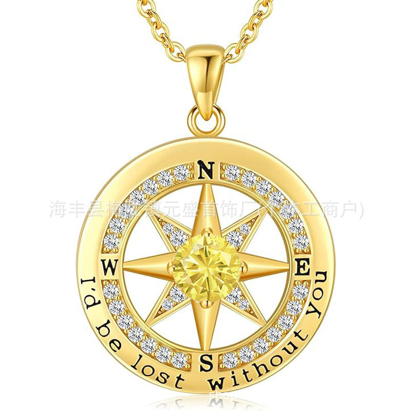 HOT and NEW Cross Border S925 Sterling Silver Compass Compass Necklace Female Twelve Birthstone  Pendant Clavicle Chain