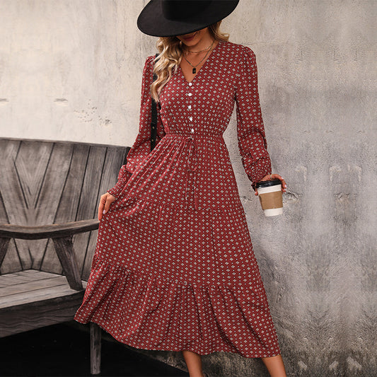 LOVECCR Hot  dress long-sleeved ruffle edge long dress V-neck buckle skirt red retro women's dress