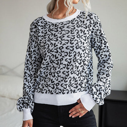 LOVECCR 2025 New 2023 autumn and winter new office women's clothing crew neck knitted pullover leopard print bottoming sweater