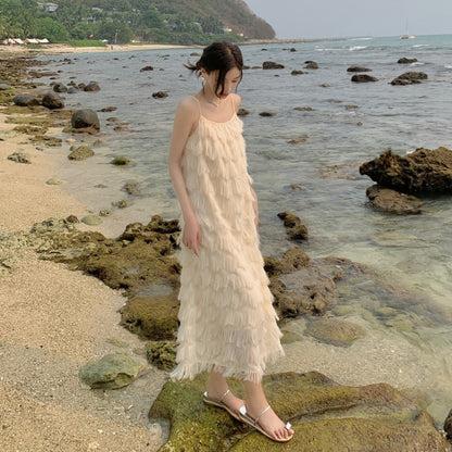 LOVERCCR  Bohemian White Suspender Dress Women's Summer Loose-Fitting Tassel  Seaside Vacation Beach Fairy Long Skirt