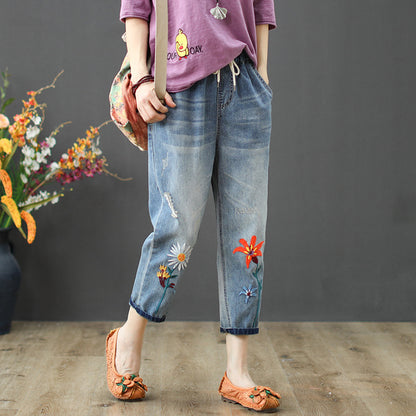 Women's Jeans Spring and Autumn Ripped Artistic Embroidered Women's Cropped Pants Elastic High Waist Oversized Jeans Women's Loose