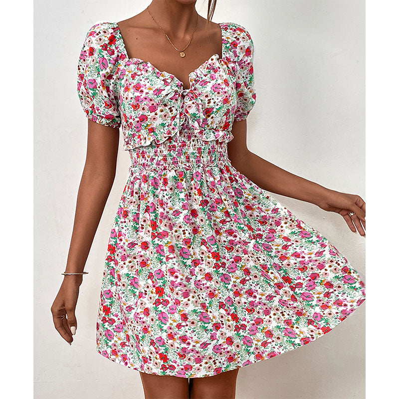 LOVECCR Hot summer new floral dress temu  popular skirt high waist bubble sleeve dress