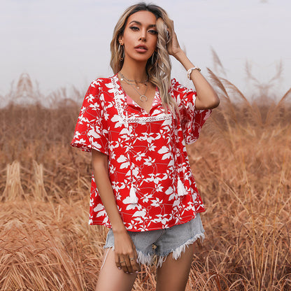 LOVECCR New new loose-print lace-up short-sleeved lace splicing 2025 tops, red shirts, women's summer