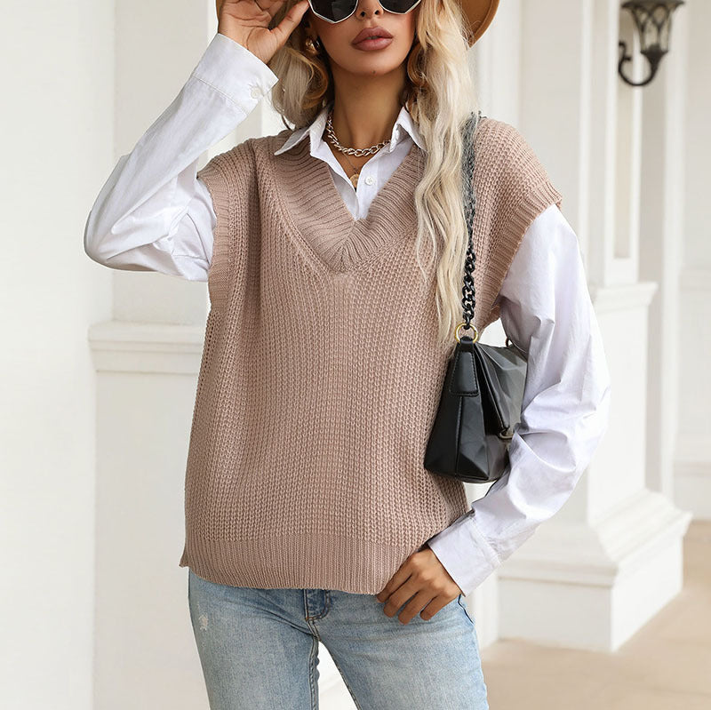 LOVECCR Hot  new autumn solid color v-neck knitted sweater commuter sleeveless vest vest 2025 V-neck top