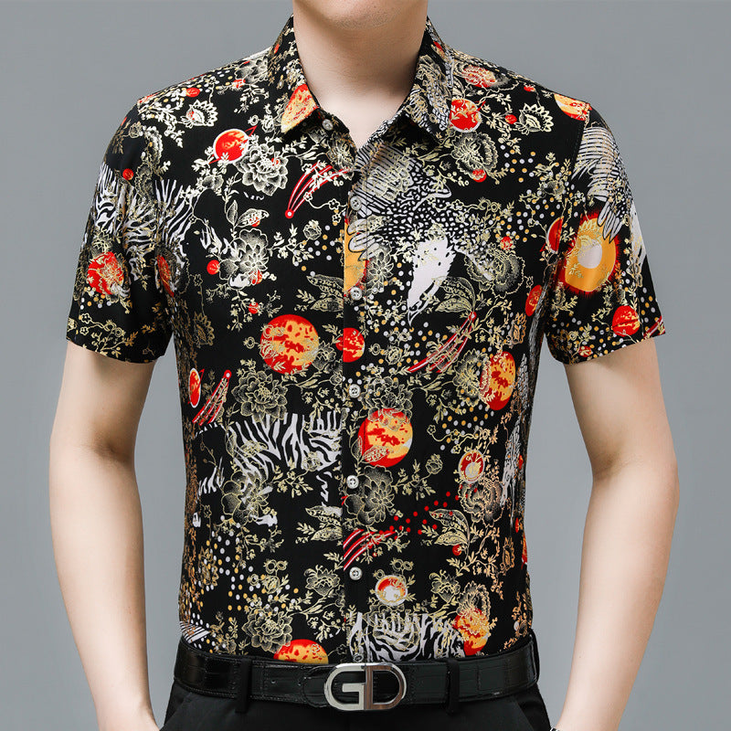 Middle-Aged Men's Summer Short Sleeve Printed Shirt Loose Non-Ironing Casual Half Sleeve Ice Silk Shirt Bronzing Thin Top Fashion