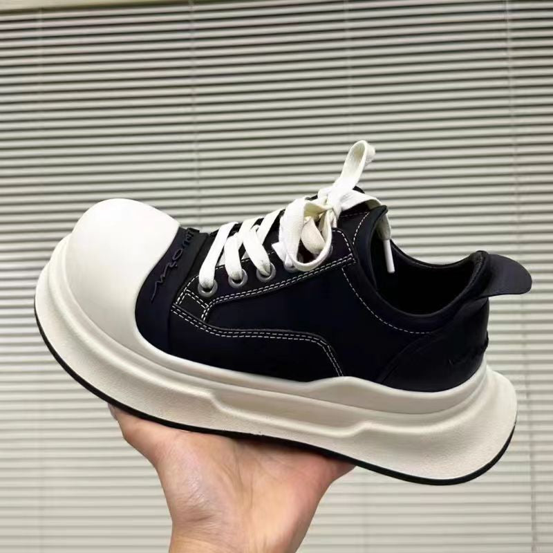 loveccr Black and White round Head Mickey Big Head Shoes Female  Spring New Genuine Leather All-Match Casual Sneaker Platform Height Increasing Shoes