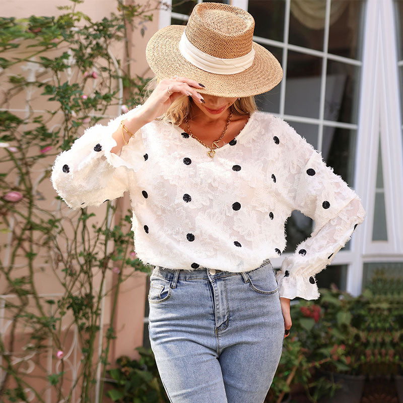 LOVECCR New New Product popular Autumn 2025 Women's Top Chiffon Pullover Long Sleeve V-Neck Polka Dot Shirt