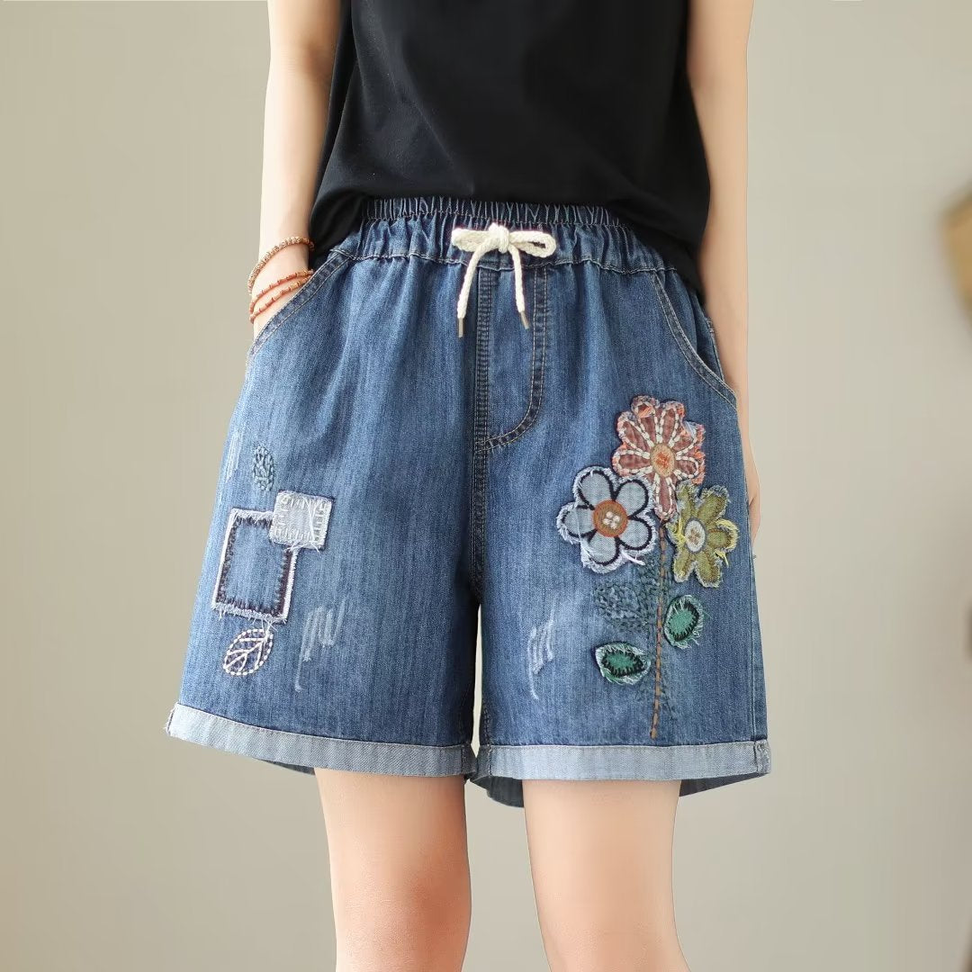 Japanese Style Denim Shorts Women's Summer Thin Loose Slimming Retro Casual Embroidered Shorts Wide Leg Pants