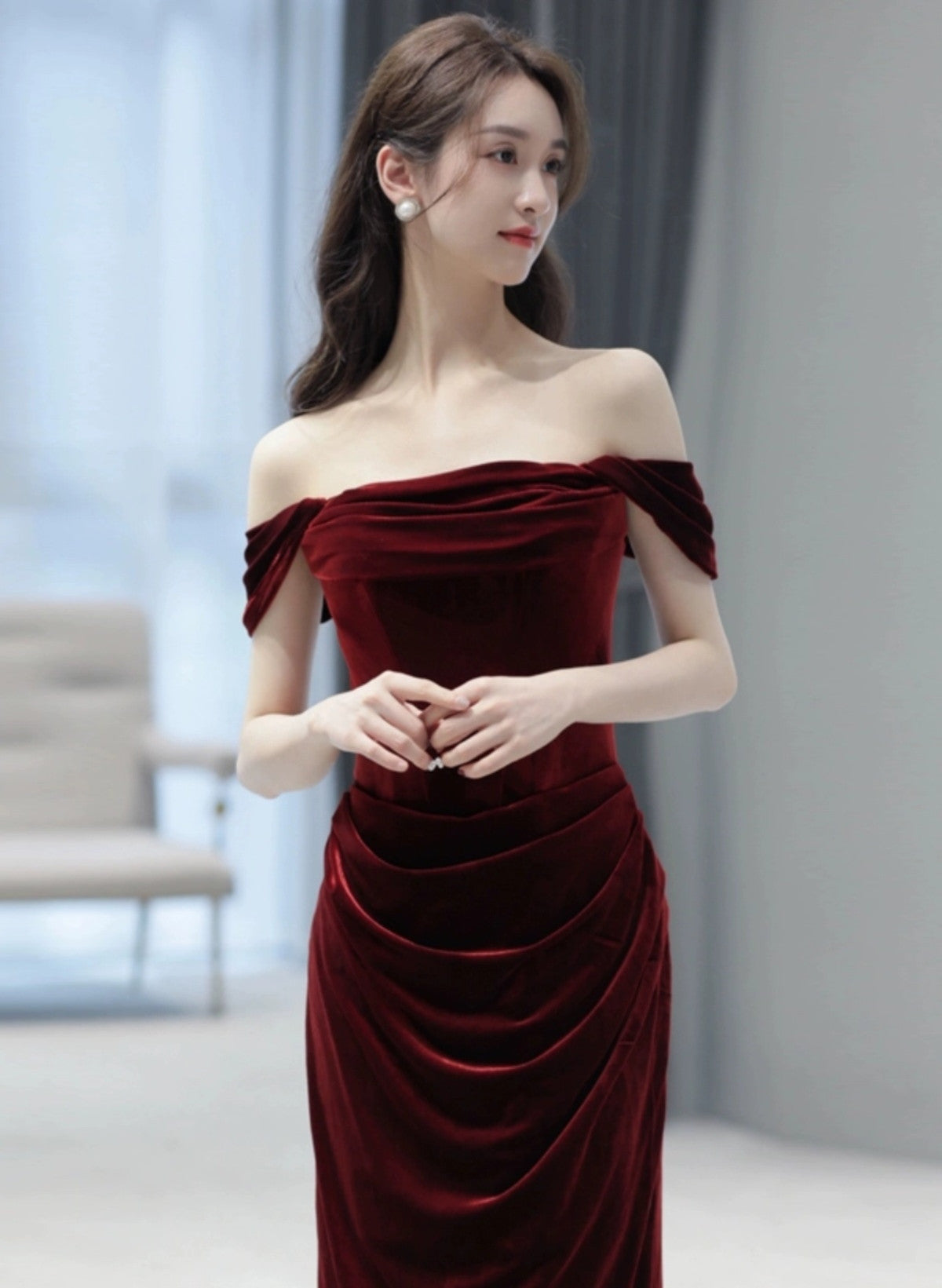 LOVECCRWine Red Off Shoulder Scoop Long Party Dress, Wine Red Velvet Prom Dress