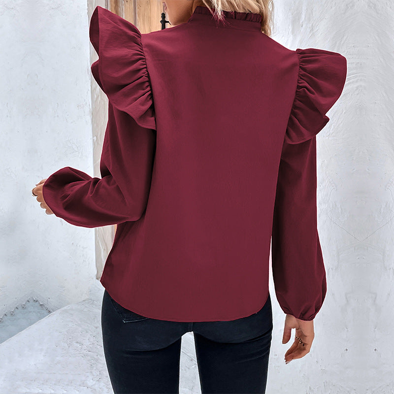 LOVECCR New  2025 commuter women's clothing Hot early autumn new ruffle edge long-sleeved design shirt