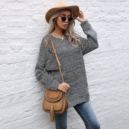 LOVECCR  autumn and winter 2025 crew neck loose knitting  popular new medium and long ripped sweater Guangzhou Popular trade