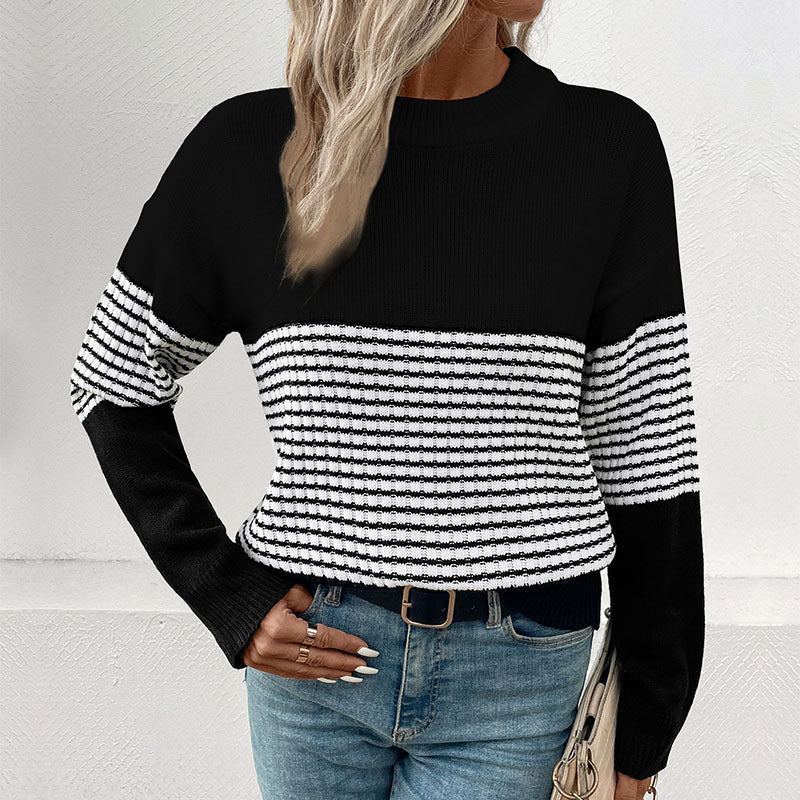 LOVECCR foreign trade pullover knitted sweater Hot autumn and winter new 2025 women's clothing  striped contrasting foreign trade sweater