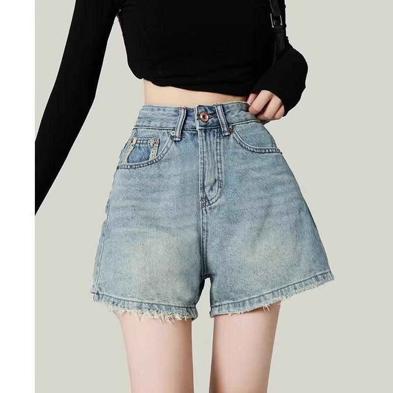 Summer Retro Denim Shorts Women's High Waist Loose and Slimming Hot Pants Small A- line Pants Burr Straight Pants