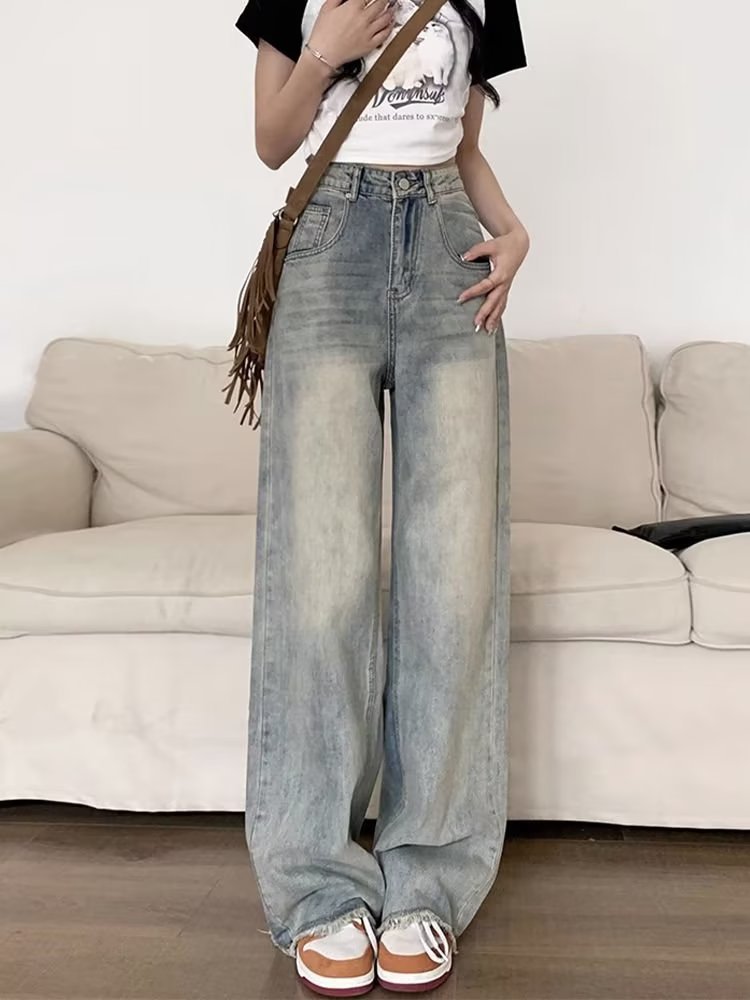 Retro Distressed Wide-Leg Jeans for Women 2024 Spring and Summer New High Waist Loose All-Match Draping Mop Straight Pants