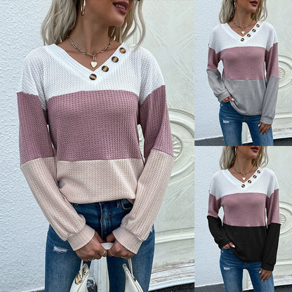 LOVECCR New Cross-border Hot Trade popular Autumn New Bottom Long Sleeve Pullover Color Matching V-Neck Waffle Knitted Sweater Women